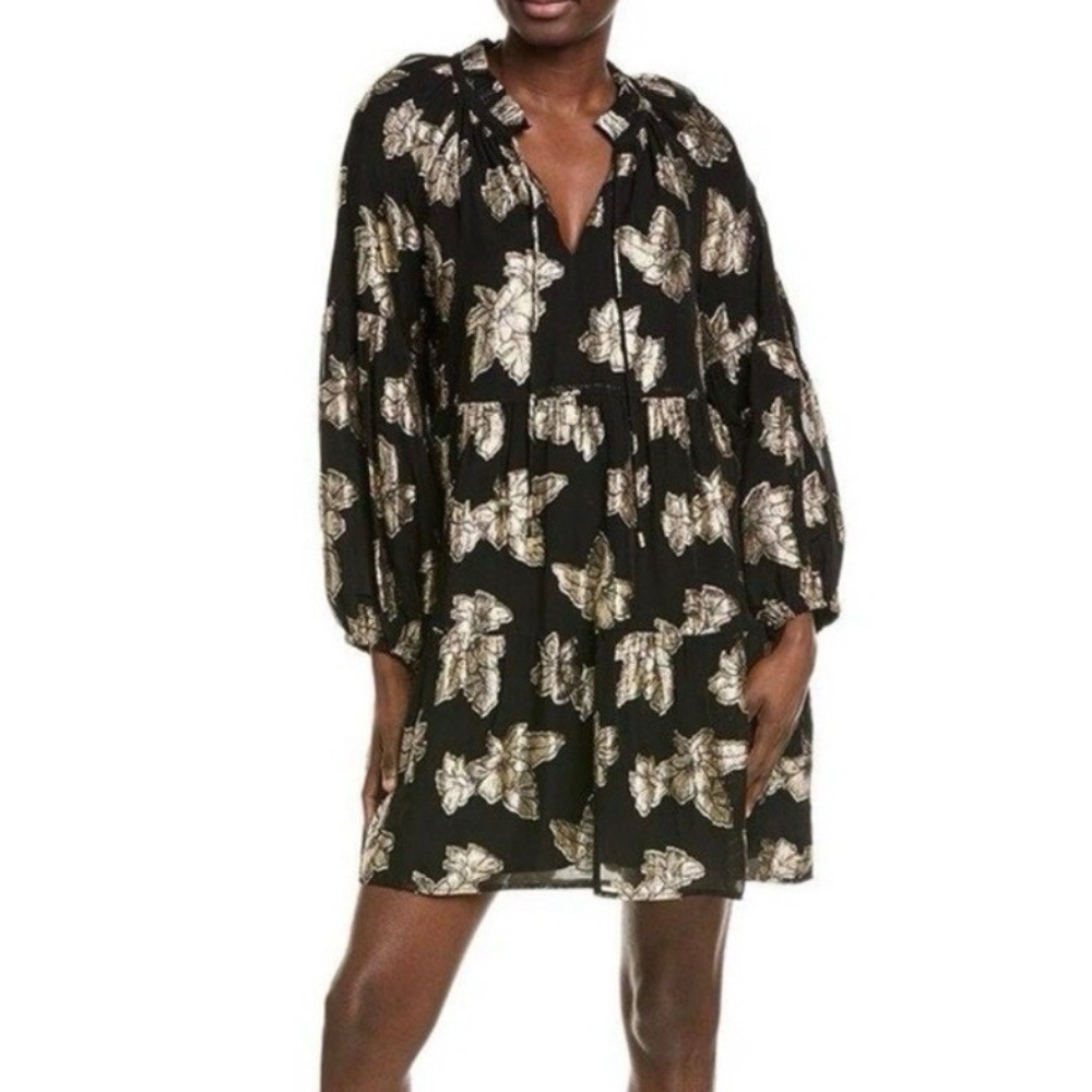 Tommy Bahama Dress Womens Medium Black Gold Metallic Floral Tiered Mini Sleeve